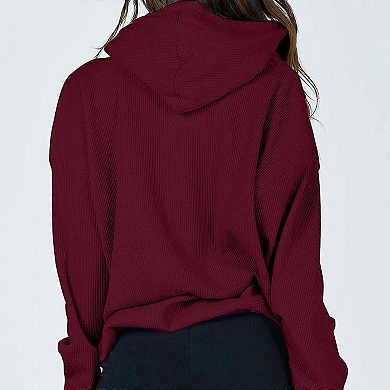 Women's Zip Up Loose Fit Hooded Jackets Comfy Long Sleeve Casual Waffle Sweatshirts with Pockets