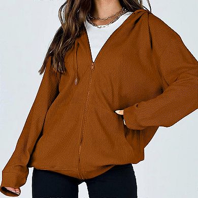 Women's Zip Up Loose Fit Hooded Jackets Comfy Long Sleeve Casual Waffle Sweatshirts with Pockets