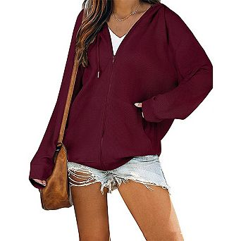 Women's Zip Up Loose Fit Hooded Jackets Comfy Long Sleeve Casual Waffle Sweatshirts with Pockets