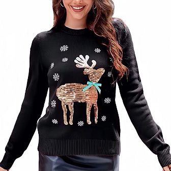 Women's Christmas Knit Sweater Longline Crewneck Embroidery Cozy Soft Pullover Cute