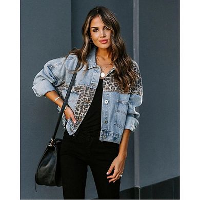 Womens Button Down Distressed Leopard Denim Jean Jacket Washed Long Sleeve Ripped Cheetah Jean Coat