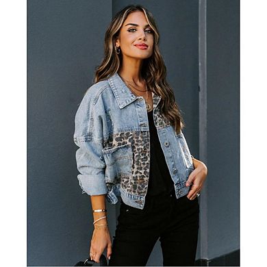 Womens Button Down Distressed Leopard Denim Jean Jacket Washed Long Sleeve Ripped Cheetah Jean Coat