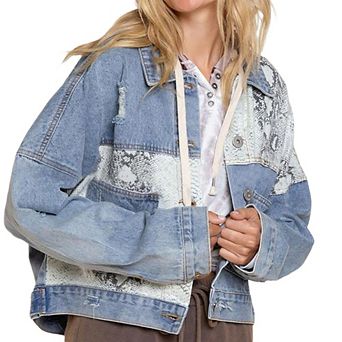 Womens Button Down Distressed Leopard Denim Jean Jacket Washed Long Sleeve Ripped Cheetah Jean Coat