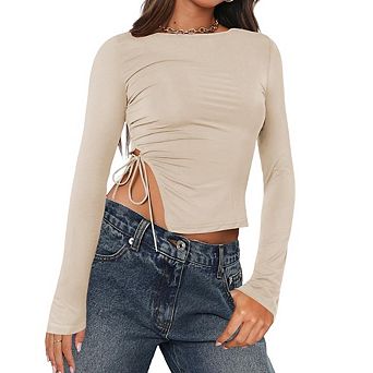 Women's Crewneck Long Sleeve Side Slit Tie Front Blouse Top Relaxed Fit Casual T-Shirt