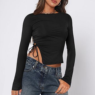 Women's Crewneck Long Sleeve Side Slit Tie Front Blouse Top Relaxed Fit Casual T-Shirt