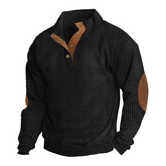 Winter Corduroy Shirts Men Casual Henry Stand Collar Quarter Button Up Vintage Long Sleeve