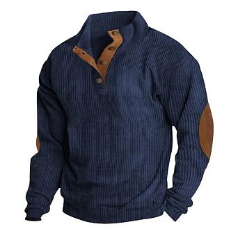 Winter Corduroy Shirts Men Casual Henry Stand Collar Quarter Button Up Vintage Long Sleeve