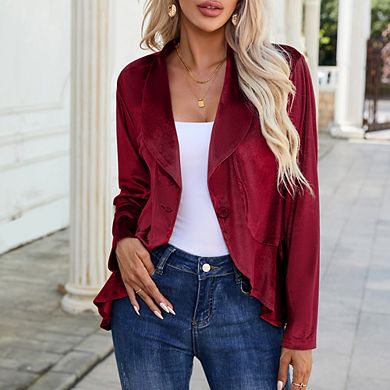 Womens Blazer Velvet Long Sleeve Single Button Ruffle Blazer Jacket Coat