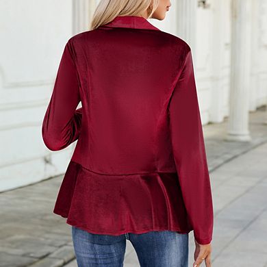 Womens Blazer Velvet Long Sleeve Single Button Ruffle Blazer Jacket Coat