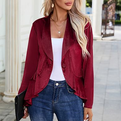 Womens Blazer Velvet Long Sleeve Single Button Ruffle Blazer Jacket Coat