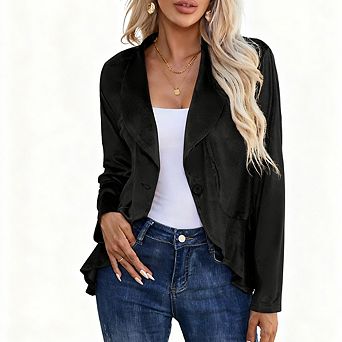Womens Blazer Velvet Long Sleeve Single Button Ruffle Blazer Jacket Coat