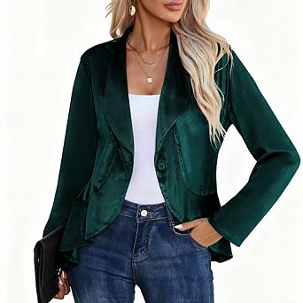 Womens Blazer Velvet Long Sleeve Single Button Ruffle Blazer Jacket Coat