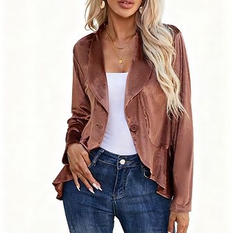 Womens Blazer Velvet Long Sleeve Single Button Ruffle Blazer Jacket Coat