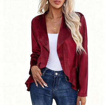 Womens Blazer Velvet Long Sleeve Single Button Ruffle Blazer Jacket Coat