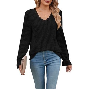 Women Long Sleeve Top Fall Lace Trim Ruffle V Neck Casual Shirt Fashion Solid Color Loose Tunic
