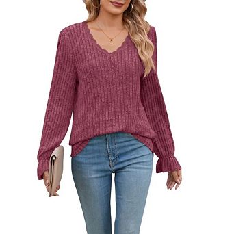 Women Long Sleeve Top Fall Lace Trim Ruffle V Neck Casual Shirt Fashion Solid Color Loose Tunic