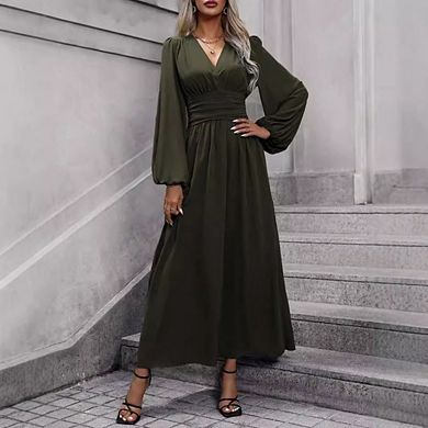 Womens Wrap V-Neck Empire Waist Dress Lantern Sleeve Ruched Side Slit Elegant Maxi Dress