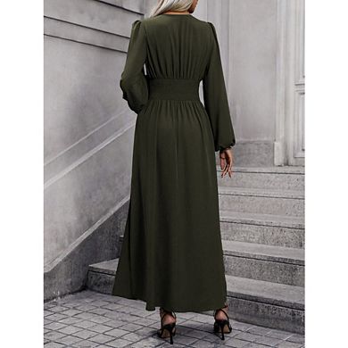Womens Wrap V-Neck Empire Waist Dress Lantern Sleeve Ruched Side Slit Elegant Maxi Dress