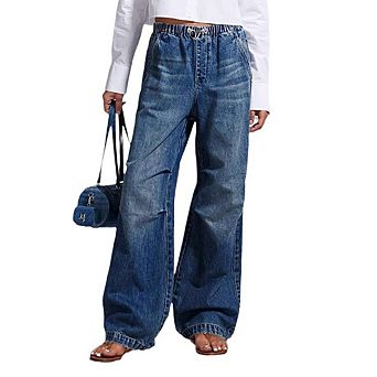 Womens Vintage Wide Leg Jeans Elastic Waist Drawstring Baggy Jeans Y2K Boyfriend Loose Denim Pants