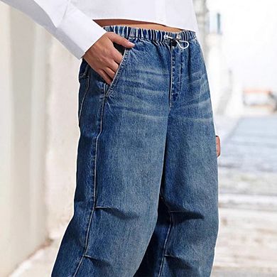 Womens Vintage Wide Leg Jeans Elastic Waist Drawstring Baggy Jeans Y2K Boyfriend Loose Denim Pants