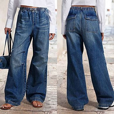 Womens Vintage Wide Leg Jeans Elastic Waist Drawstring Baggy Jeans Y2K Boyfriend Loose Denim Pants