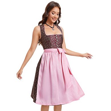 Womens Two Piece Cap Sleeve Button Dirndl Dress Oktoberfest German Traditional Halloween Outfit