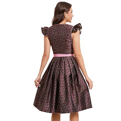 Womens Two Piece Cap Sleeve Button Dirndl Dress Oktoberfest German Traditional Halloween Outfit