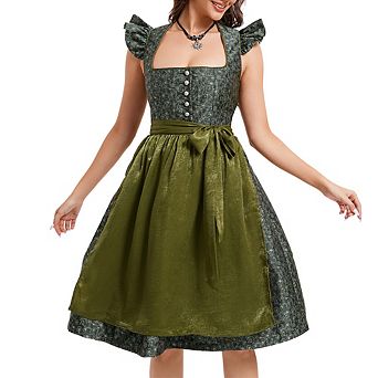 Womens Two Piece Cap Sleeve Button Dirndl Dress Oktoberfest German Traditional Halloween Outfit