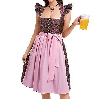 Womens Two Piece Cap Sleeve Button Dirndl Dress Oktoberfest German Traditional Halloween Outfit