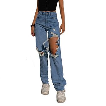 Women’s Ripped Jeans High Waisted Distressed Baggy Y2K Straight Wide Leg Pants