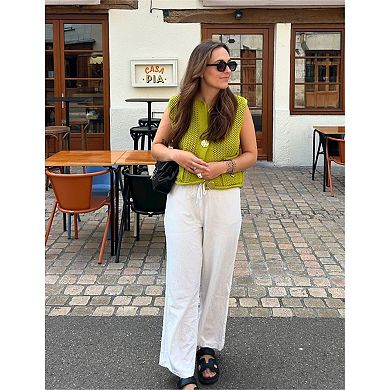 Womens Crochet Sweater Vest Button Down Sleeveless Crew Neck Knit Crop Tank Tops Summer Cardigans