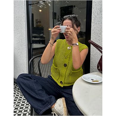 Womens Crochet Sweater Vest Button Down Sleeveless Crew Neck Knit Crop Tank Tops Summer Cardigans