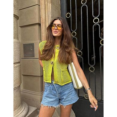 Womens Crochet Sweater Vest Button Down Sleeveless Crew Neck Knit Crop Tank Tops Summer Cardigans