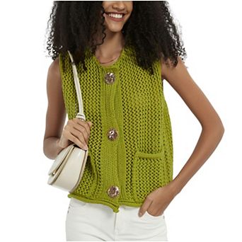 Womens Crochet Sweater Vest Button Down Sleeveless Crew Neck Knit Crop Tank Tops Summer Cardigans