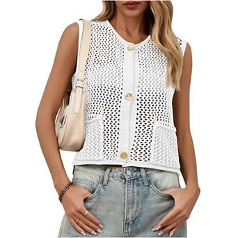 Womens Crochet Sweater Vest Button Down Sleeveless Crew Neck Knit Crop Tank Tops Summer Cardigans