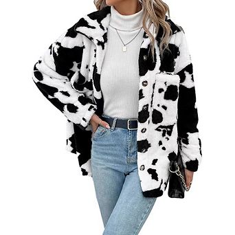 Womens Long Sleeve Button Down Soft Fleece Jacket Casual Faux Fur Jacket Cow Print Coats
