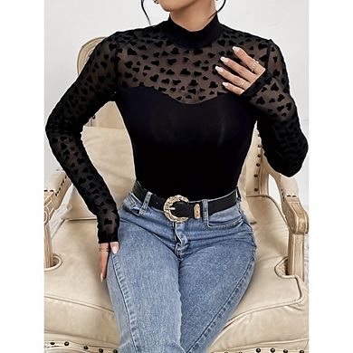 Womens Mesh Sheer Long Sleeve Top Crew Neck See Though Shirts Ruched Casual Going Out Blouses