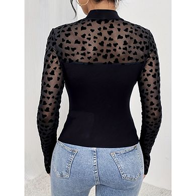 Womens Mesh Sheer Long Sleeve Top Crew Neck See Though Shirts Ruched Casual Going Out Blouses