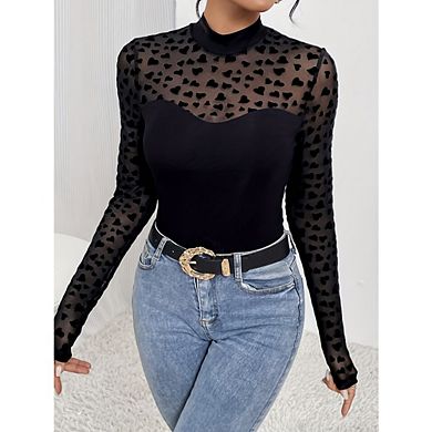 Womens Mesh Sheer Long Sleeve Top Crew Neck See Though Shirts Ruched Casual Going Out Blouses