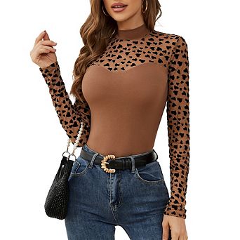 Womens Mesh Sheer Long Sleeve Top Crew Neck See Though Shirts Ruched Casual Going Out Blouses