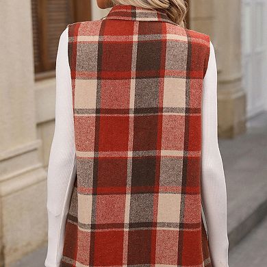 Womens Plaid Sleeveless Casual Collar Neck Button Down Oversized Vest Jacket