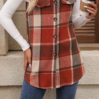 Womens Plaid Sleeveless Casual Collar Neck Button Down Oversized Vest Jacket