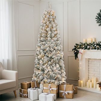 6FT Pre-Lit Snow-Flocked Christmas Tree with Warm White Lights