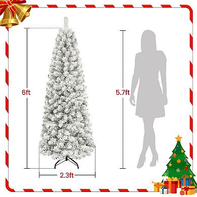 6FT Pre-Lit Snow-Flocked Christmas Tree with Warm White Lights