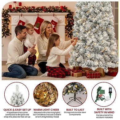 6FT Pre-Lit Snow-Flocked Christmas Tree with Warm White Lights