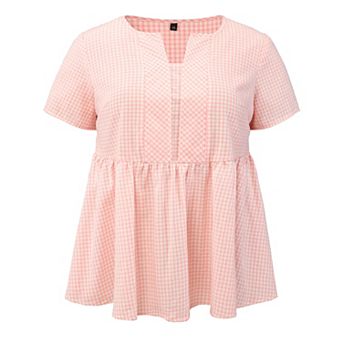 Plus Size Gingham Tops for Women Plaid Notch Neck Short Sleeve Blouse Summer Babydoll Peplum Top