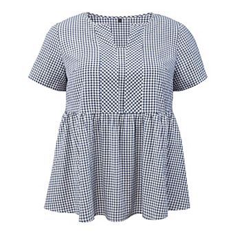 Plus Size Gingham Tops for Women Plaid Notch Neck Short Sleeve Blouse Summer Babydoll Peplum Top