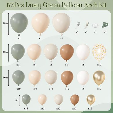 Dusty Green Nude Arch Kit Blush, Cream, Brown & Confetti Balloons 173pcs For Wedding Or Shower