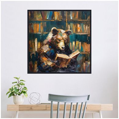 Sylvie Traditional Bear Reading in Library Framed Canvas by The Creative Bunch Studio