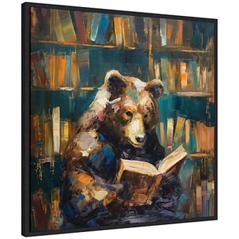 Sylvie Traditional Bear Reading in Library Framed Canvas by The Creative Bunch Studio